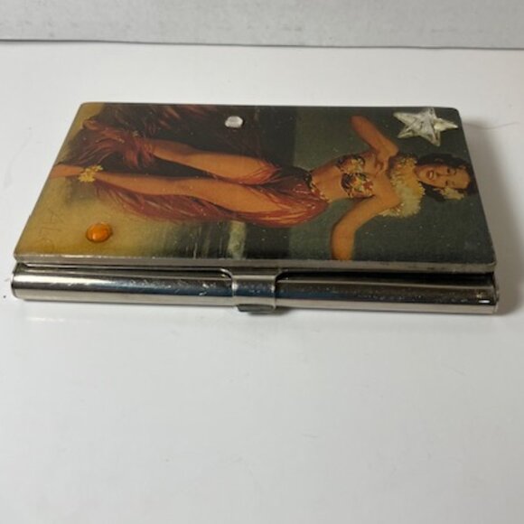 Vintage Silver Toned Cigarette Case w/ Pin Up Hula Girl Picture on Front - Picture 9 of 10